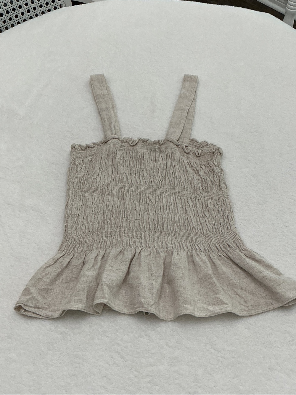 She + Sky Beige Smocked Ruffle Hem Camisole